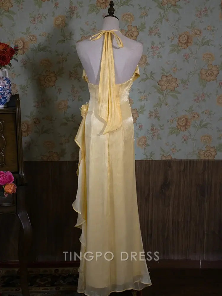 TingPo Wholesale Elegant Vintage Yellow Halter Neck Floral Prom Gown Fairy Princess Dress